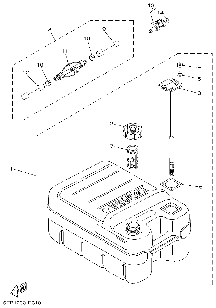 Yamaha F80DET, F90CET, F100FET FUEL TANK 1 parts diagram